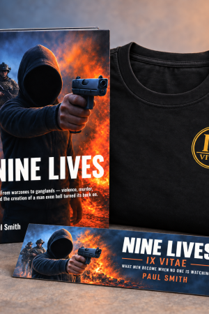 Nine Lives personalised signed hardback bundle with black IX Vitae T-shirt and bookmark
