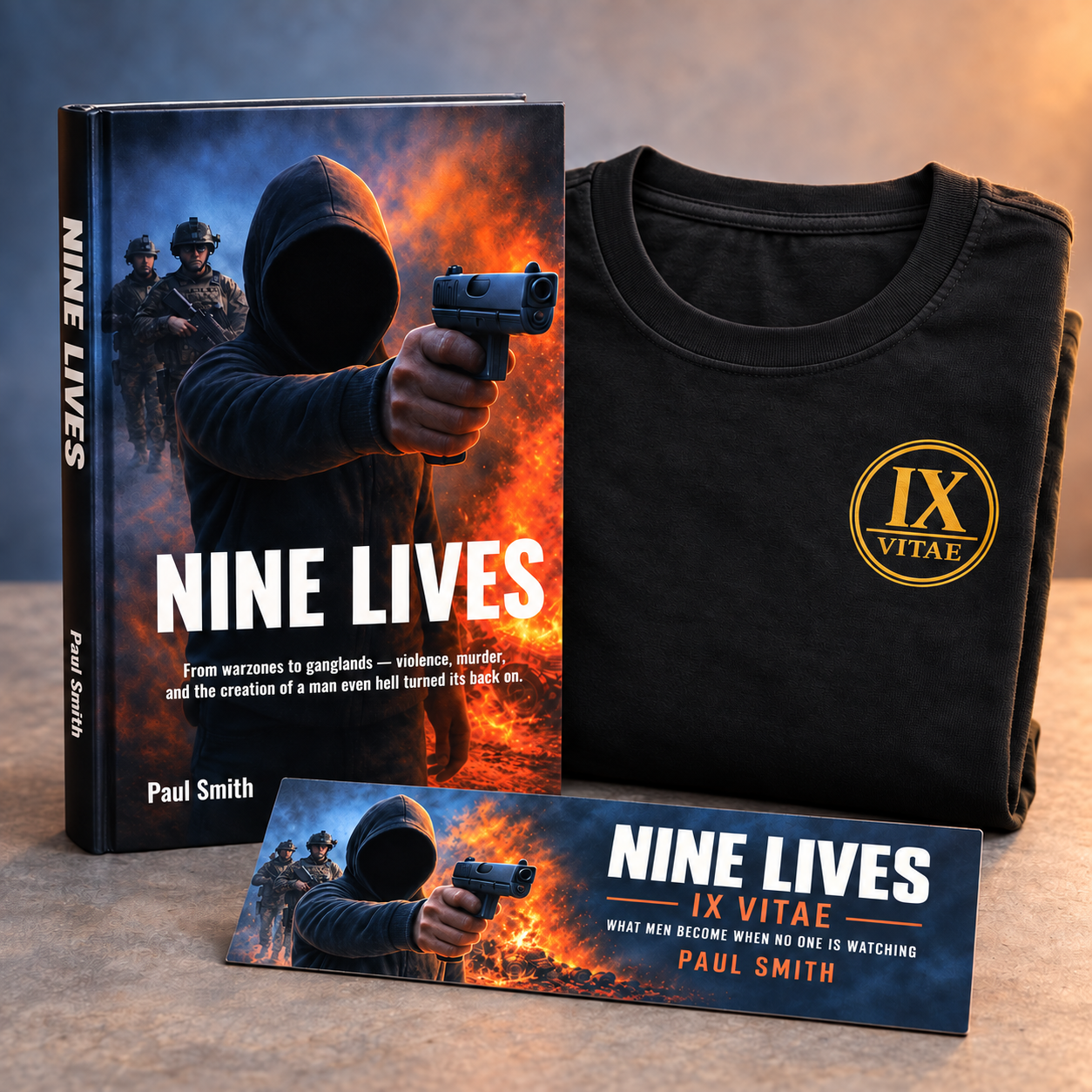 Nine Lives personalised signed hardback bundle with black IX Vitae T-shirt and bookmark
